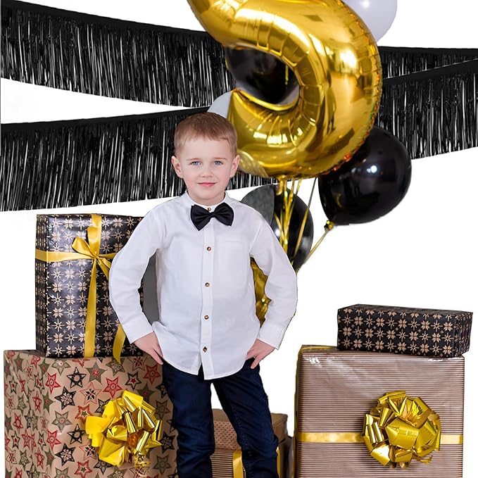 Black Foil Fringe Garland 10FT 2packs, Metallic Foil Tinsel Fringe Banners for Parade Float Decorations Wedding, Birthday Party Graduation (Two Black)