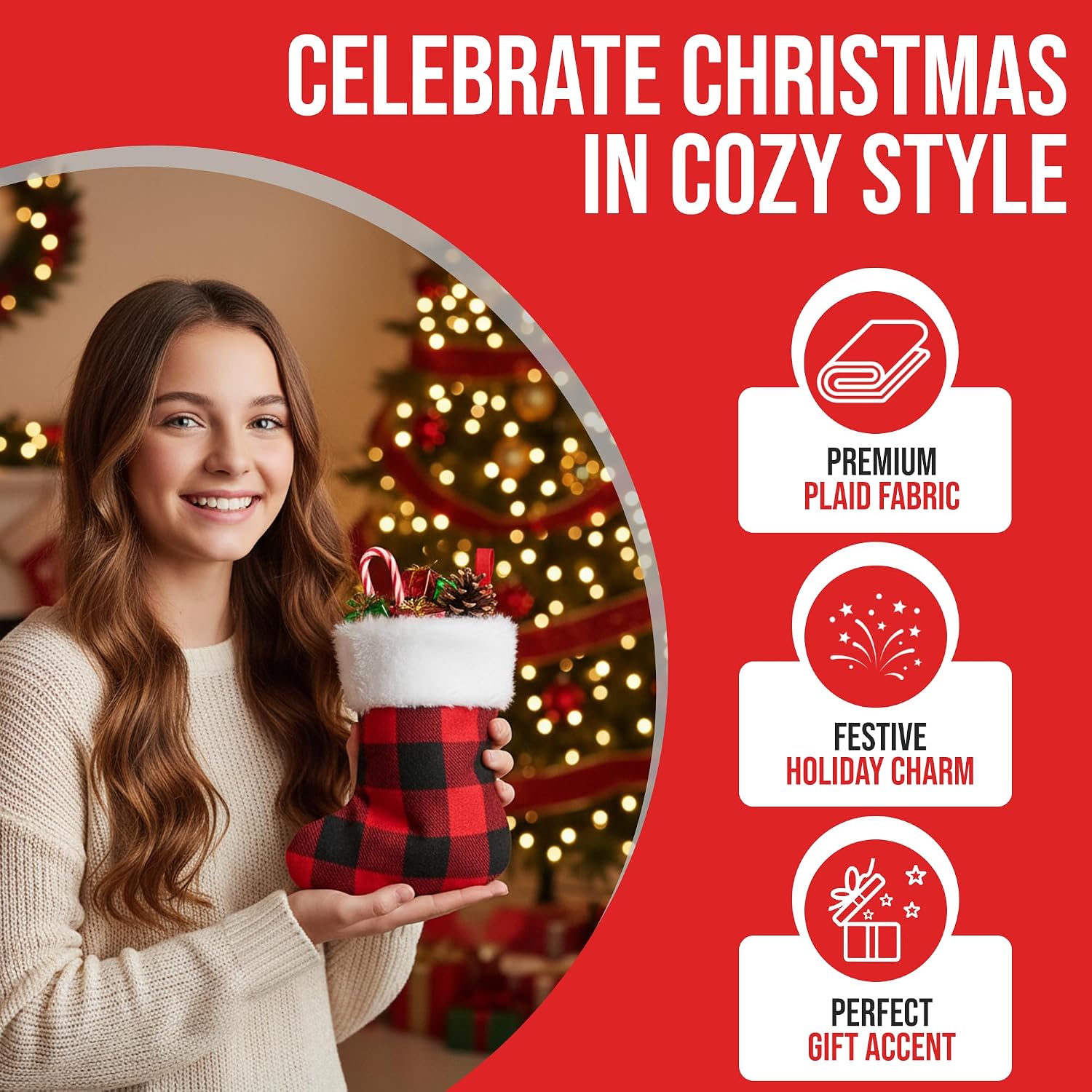 Iconikal 24-Pack Mini Christmas Stockings, 6-Inch, Red Buffalo Plaid Decoration Ornament