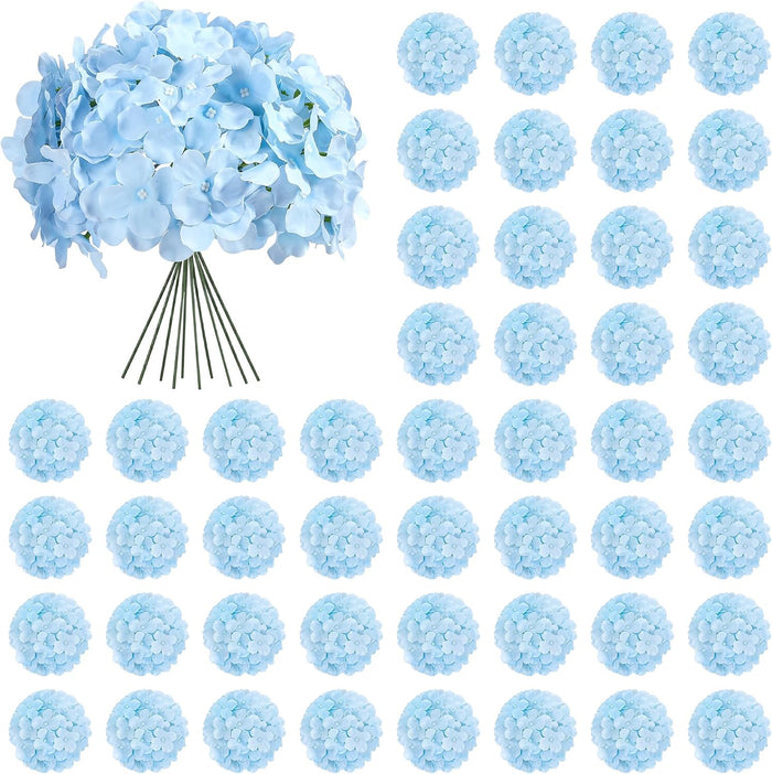 Auihiay 64Pcs Blue Hydrangea Artificial Flowers, Silk Hydrangeas Decor