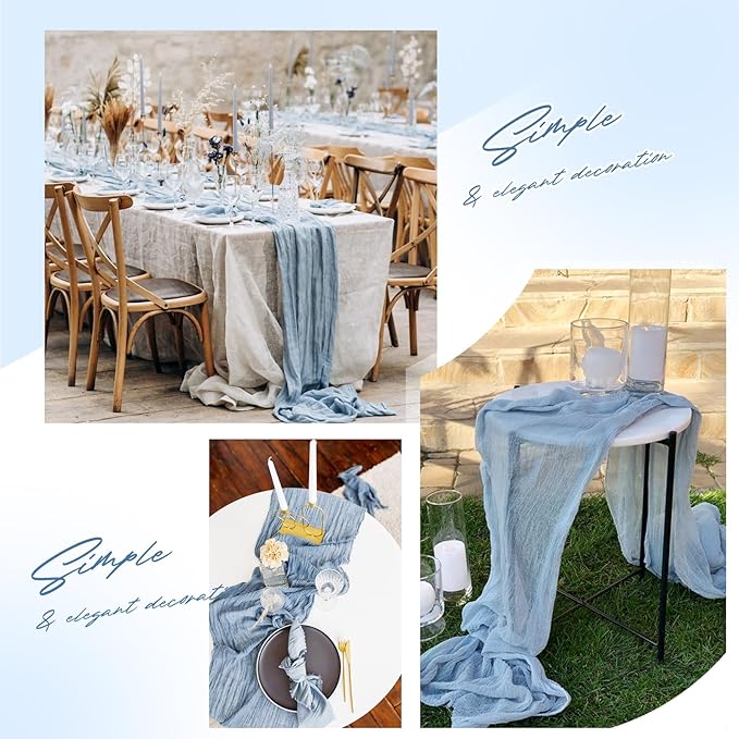 Aktor 12 Pack Dusty Blue Table Runner Boho Cheesecloth Table Runner Semi Sheer Gauze Fabric Runners for Wedding Birthday Baby Shower Party Boho Table Decoration（Dusty Blue）