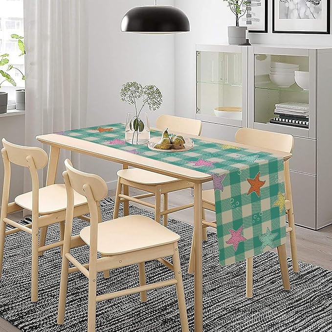 Starfish Plaid Table Flag Green Plaid and Marine Life Starfish Kitchen Table Flag Suitable for Birthday Party Restaurant Decoration Outdoor Picnic 13 * 70 Inch