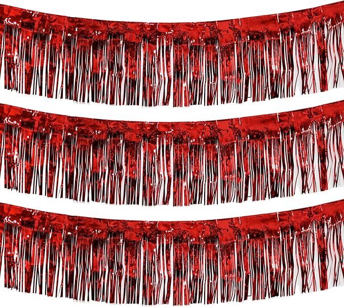 Thick 10 Feet by 15 Inch Red Foil Fringe Garland - Pack of 3 | Shiny Metallic Tinsel Banner for Parade Floats, Bridal Shower, Wedding, Birthday, Christmas | Wall Hanging Drapes (3)