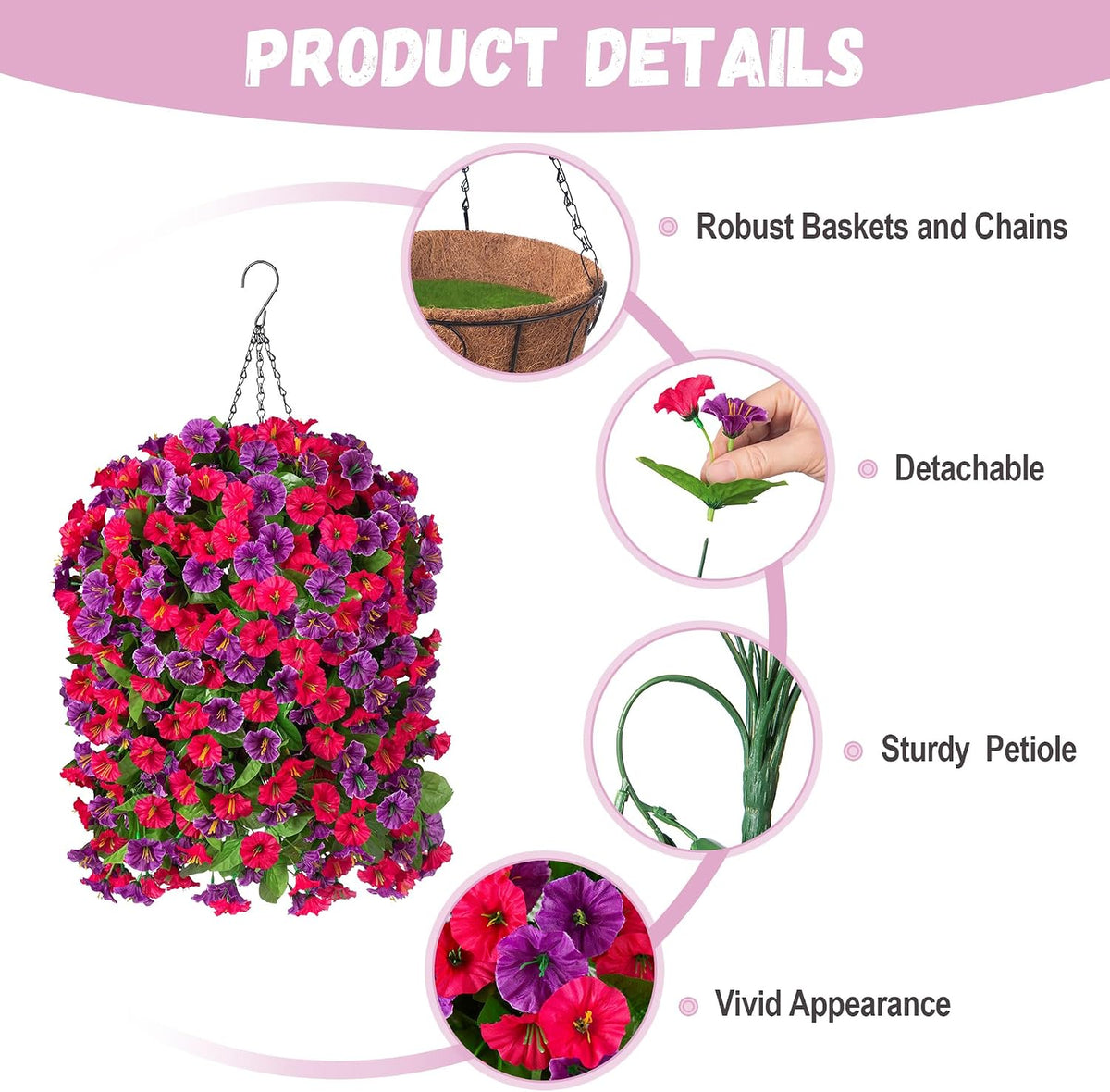 artificial flowers with hanging basket, outdoor faux plants shown in use