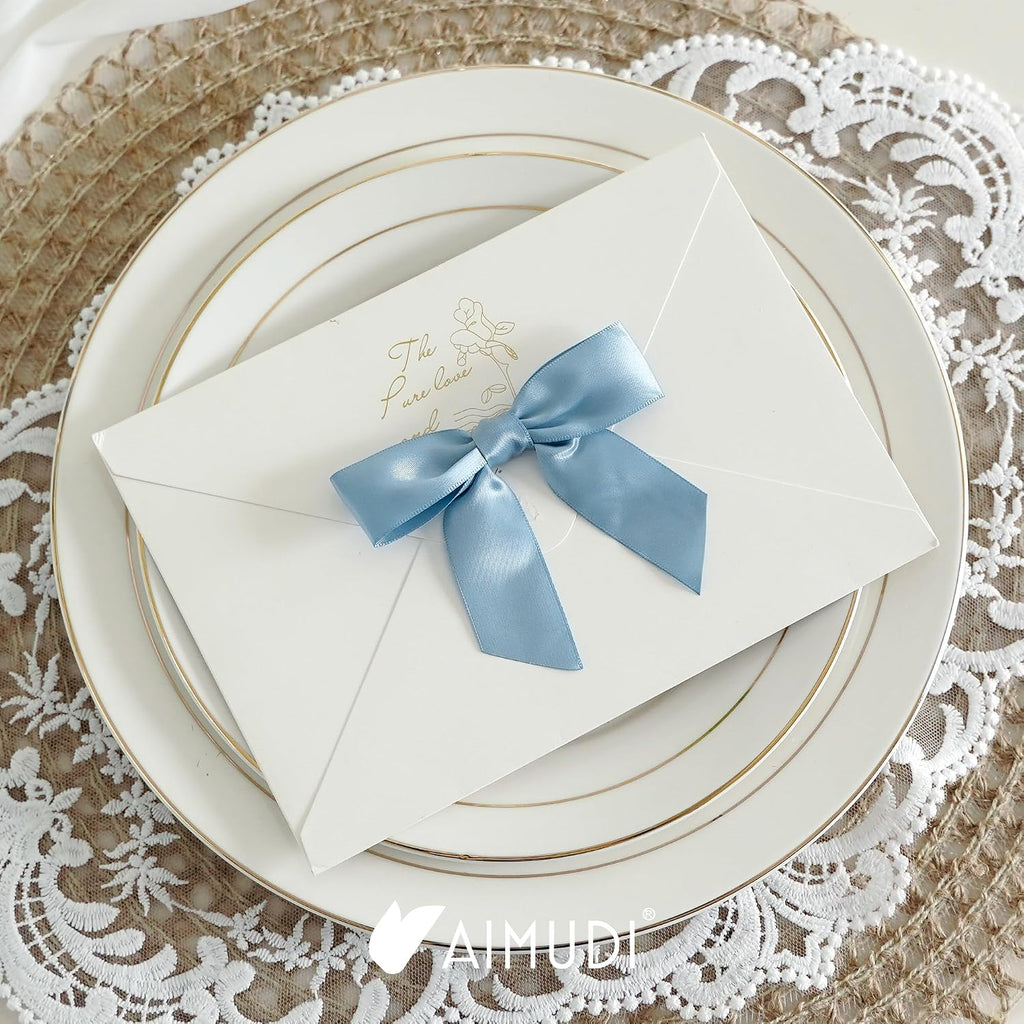 AIMUDI Dusty Blue Satin Ribbon Bows 3.5" Pre-Tied Twist Tie Bows for Treat Bags Gift Wrapping Cake Pop Goodie Bags Party Wedding Baby Shower Favor - 50 PCs