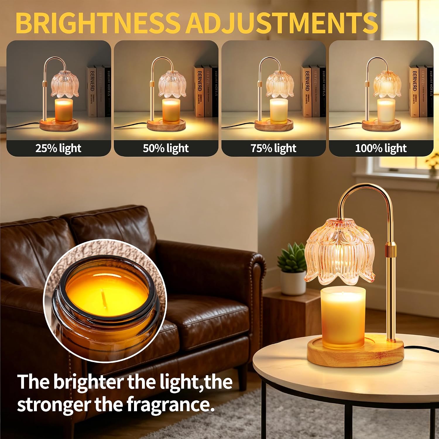 Flower Candle Warmer Lamp for Jar Candles with Timer & Dimmer, Adjustable Height Fits Large Jars up to 7.08" Tall, Flameless Wax Warmer, Cozy Bedroom Home Decor, Gift for Mom Women