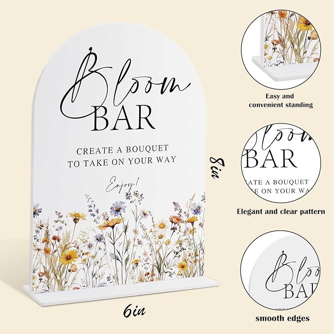 Wedding Signs for Ceremony and Reception, Boho Floral Acrylic Bloom Bar Sign, Wedding Signage with Stand, Bridal Shower Table Centerpieces, Bloom Bar Supplies for Engagement Reception Event Party, 20