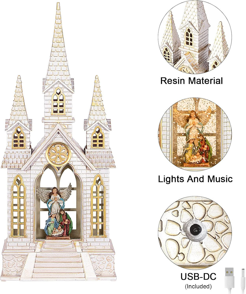 DGSCAK 16" Lighted Musical Church Snow Globe, Nativity Scene Water Lantern with Hand-Painted Holy Family & Angel, Swirling Glitter, 6H Timer, USB or Battery, Christian Christmas Decor