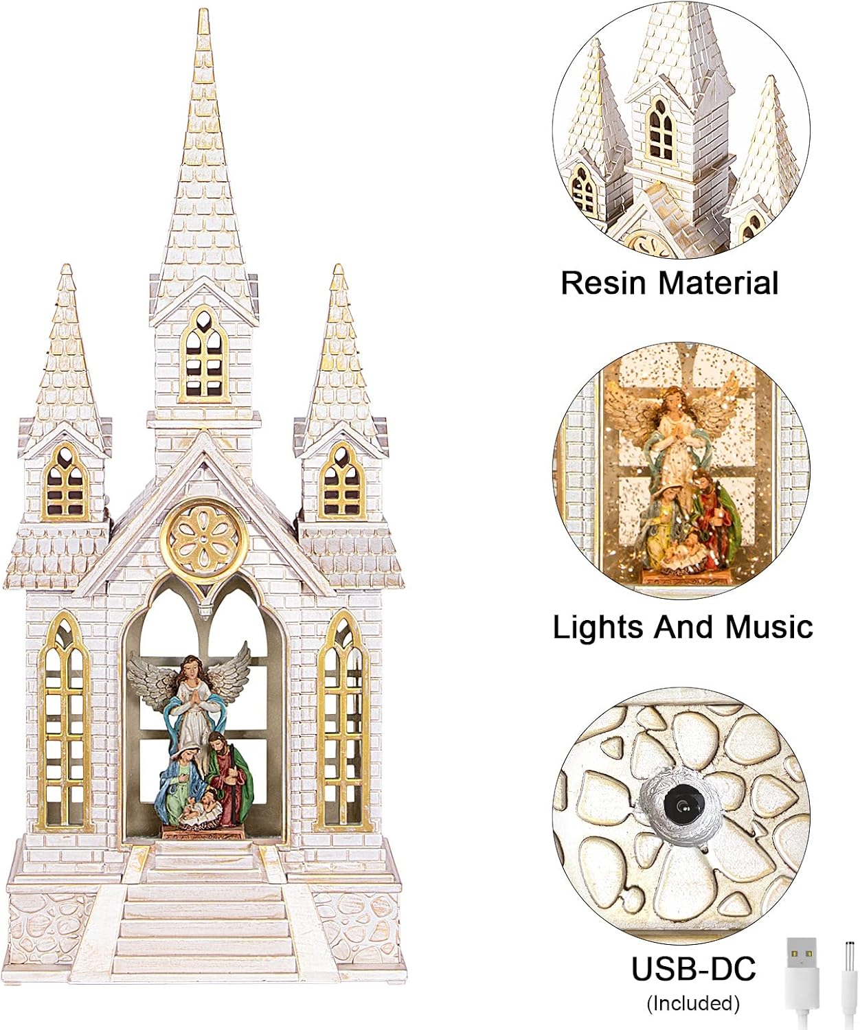 DGSCAK 16" Lighted Musical Church Snow Globe, Nativity Scene Water Lantern with Hand-Painted Holy Family & Angel, Swirling Glitter, 6H Timer, USB or Battery, Christian Christmas Decor