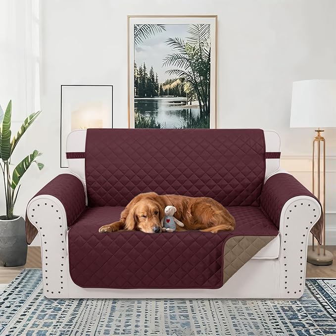 Reversible Loveseat Sofa Covers Couch Cover Furniture Protector(Loveseat Small,Burgundy/Camel)