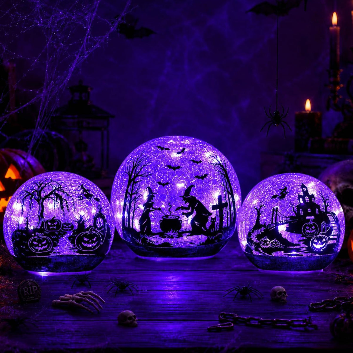NEEDOMO Halloween Decorations Indoor, 3 Pack Witch Crackle Glass Globe Purple...