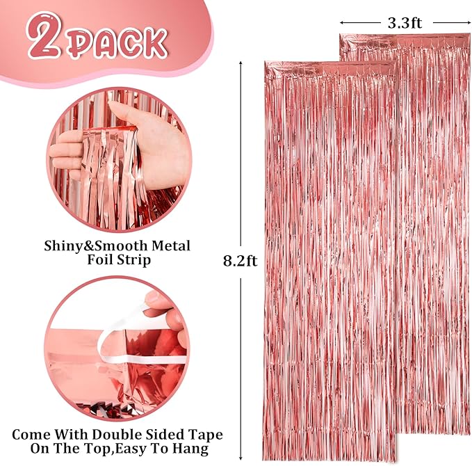 2 Pack Rose Gold Foil Fringe Backdrop Curtains, Tinsel Streamers Birthday Party Decorations, Fringe Backdrop for Graduation, Baby Shower, Gender Reveal, Disco Party