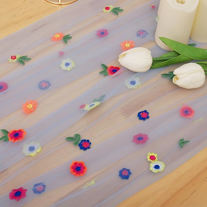 BINBE 1pcs Daisy Fall Table Runner Embroidery Gauze 10FT Florals Seasonal Tulle Holiday Birthday Kitchen Dining Table Decor for Home Party Blue