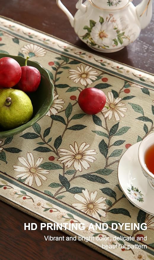 ISAENNE Designer Green Elegant Linen Extra Long Table Runner 118 Inches,Flower and Leaves Pattern Wrinkle Resistant Table Runners for Dining Tables,Thanksgiving,Kitchen Tables,Christmas,12"*118"-Brune