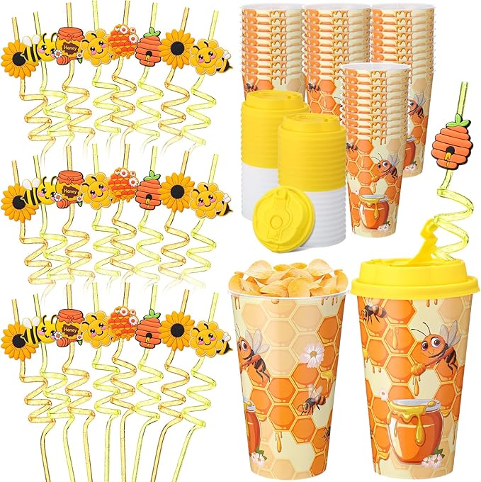 Yungyan 16 Sets Honey Bee Party Favors Goodie Cups with Lids and Straws for Birthday Decorations Reusable 16oz Plastic Candy Cups Plastic Straws for Birthday Party(Bee)