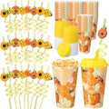 Yungyan 16 Sets Honey Bee Party Favors Goodie Cups with Lids and Straws for Birthday Decorations Reusable 16oz Plastic Candy Cups Plastic Straws for Birthday Party(Bee)