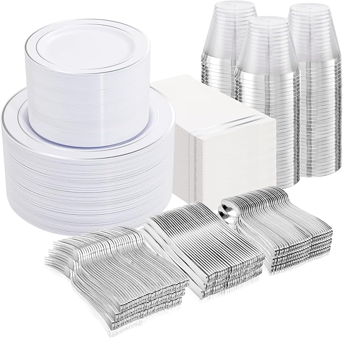 NOCCUR 700PCS Silver Plastic Plates Disposable for 100 Guests - Include 100 Dinner/Dessert White Plastic Plates with Silver Trim,300 Cutlery,100 Cups,100 Napkins for Party&Christmas