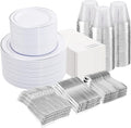 NOCCUR 700PCS Silver Plastic Plates Disposable for 100 Guests - Include 100 Dinner/Dessert White Plastic Plates with Silver Trim,300 Cutlery,100 Cups,100 Napkins for Party&Christmas