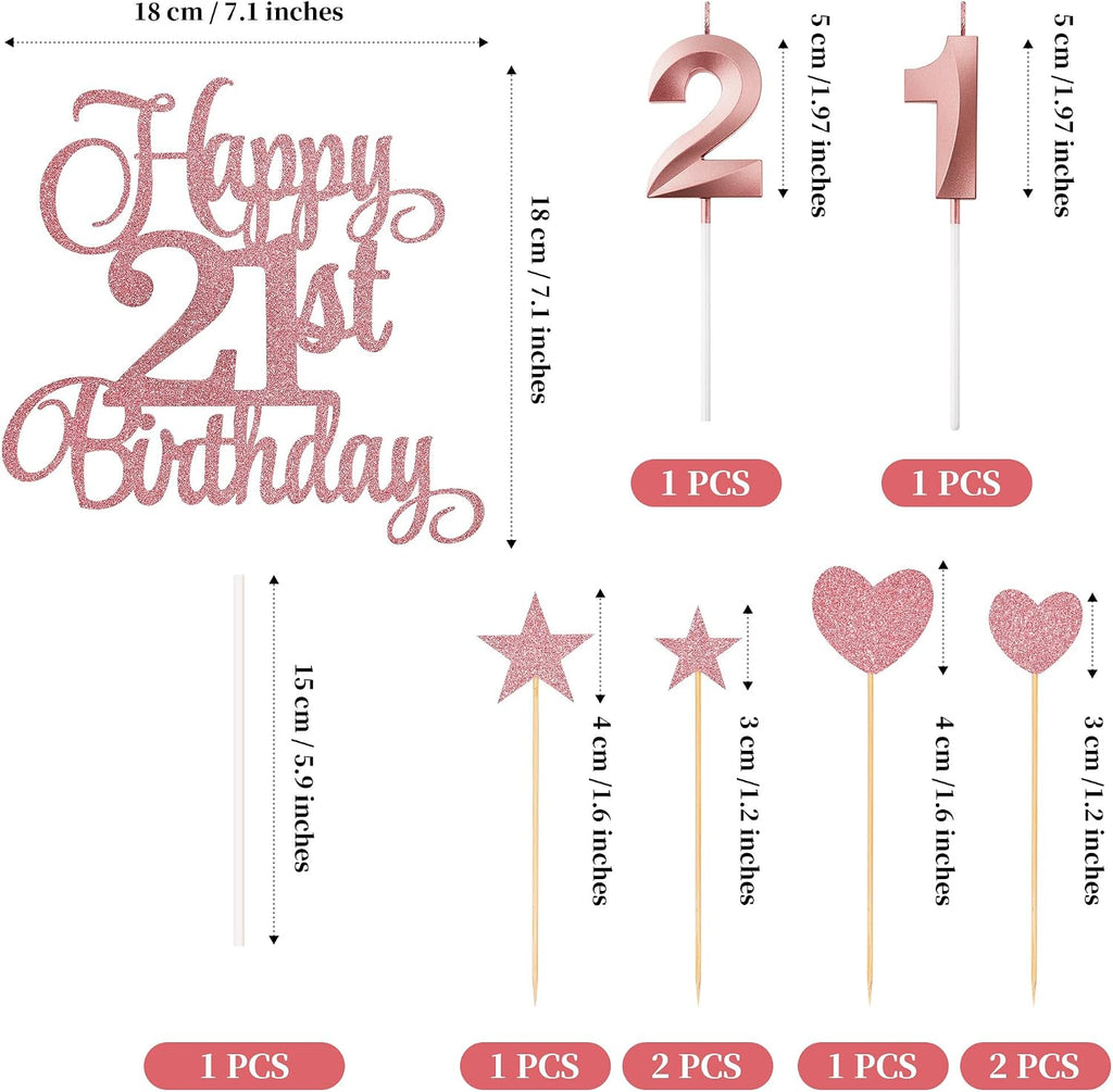 21st Birthday Cake Toppers, 21st Birthday Candles Numeral Candles and Glitter Cake Decorations Toppers Set for Party Supplies (Rose Gold)