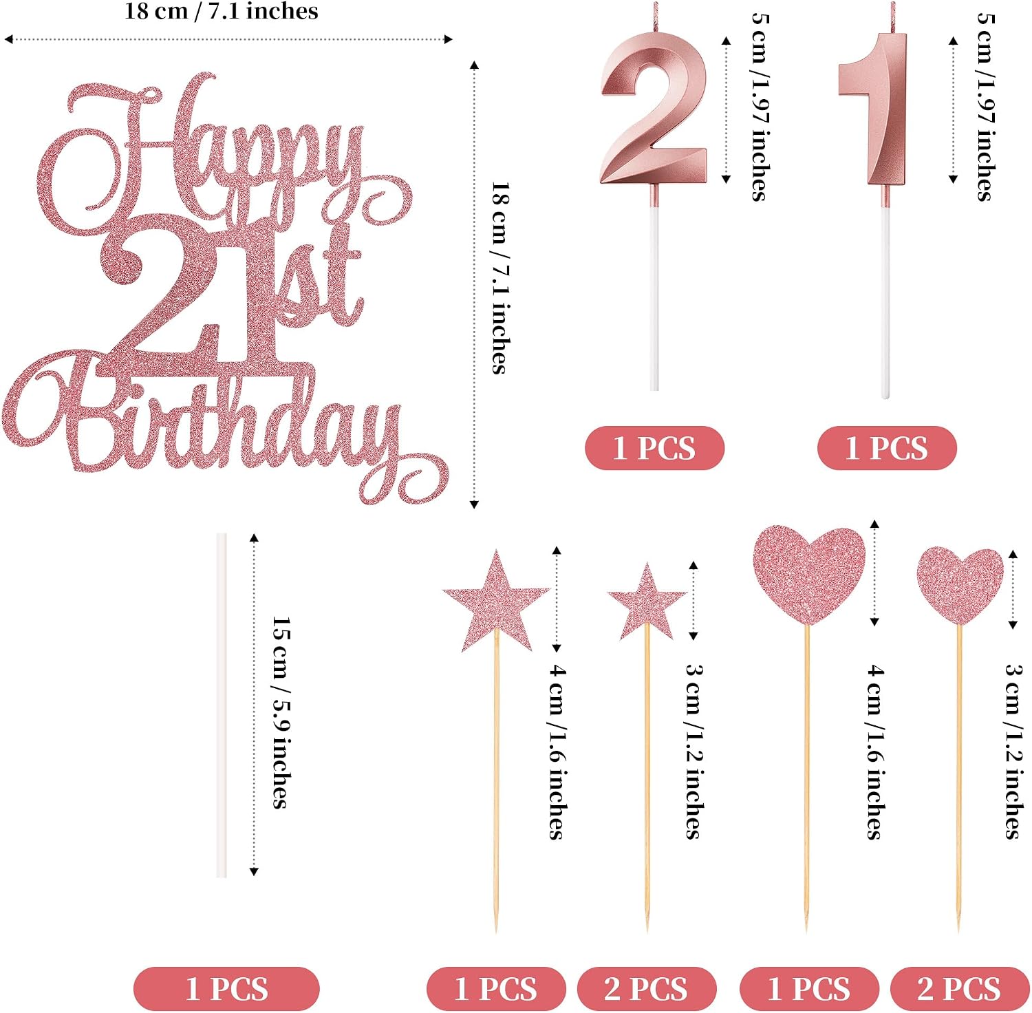 21st Birthday Cake Toppers, 21st Birthday Candles Numeral Candles and Glitter Cake Decorations Toppers Set for Party Supplies (Rose Gold)