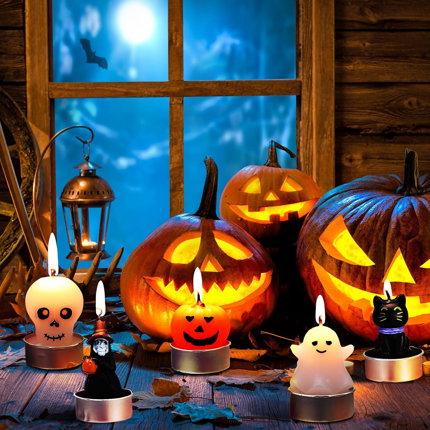 Jutom 20 Pcs Halloween Candles 5 Styles 1.6"x 1.8" Mini Tealight Candles Bulk Cute Pumpkin Ghost Witch Black Cat Shaped Halloween Trick or Treat Haunted House Activity Decorations Party Supply