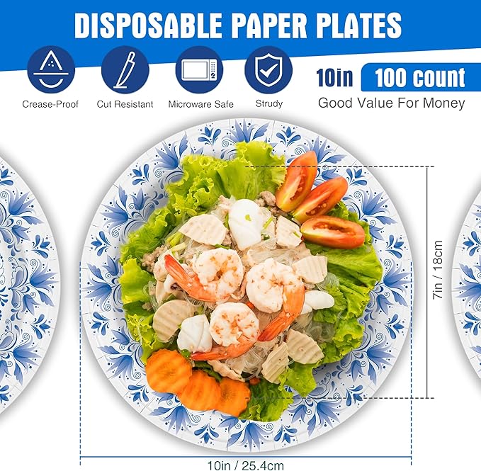 Charmount Large Paper Plates, 100pcs Disposable, Blue Flower Printed, Soak & Cut Proof for Parties & Daily Use