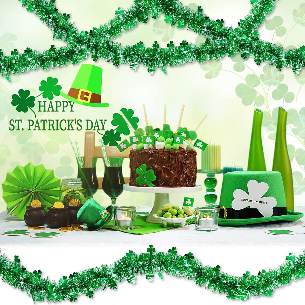TURNMEON 3 Pack Total 49.2 Ft St. Patrick's Day Shamrock Tinsel Garland Decor Green Clover Metallic Streamers St Patricks Day Decorations Indoor Outdoor Home Irish Party Supplies, Each 16.4 Ft by 4.3"