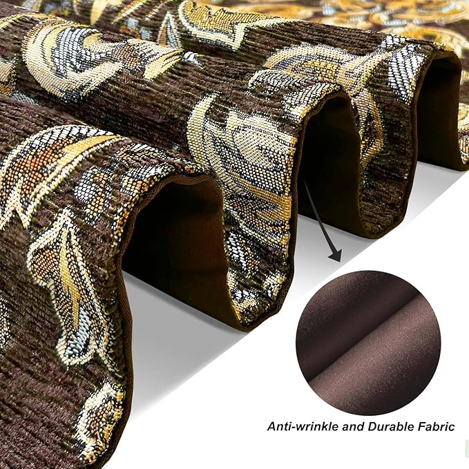 Dark Brown Coffee Table Runner Chenille Retro Golden Flowers 98 inches Long