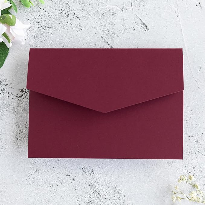 20 PCS Burgundy Tri-fold Laser Cut Wedding Invitation Pockets for 5x7 Wedding Cards Bridal Shower Engagement Quinceanera Invitation