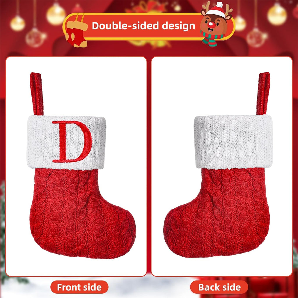 Mini Red Knit Stocking,8.5 Inches Initial Monogram Embroidered Christmas Stocking,Family Fireplace Hanging Ornament Xmas Holiday Decor Gift-Letter M