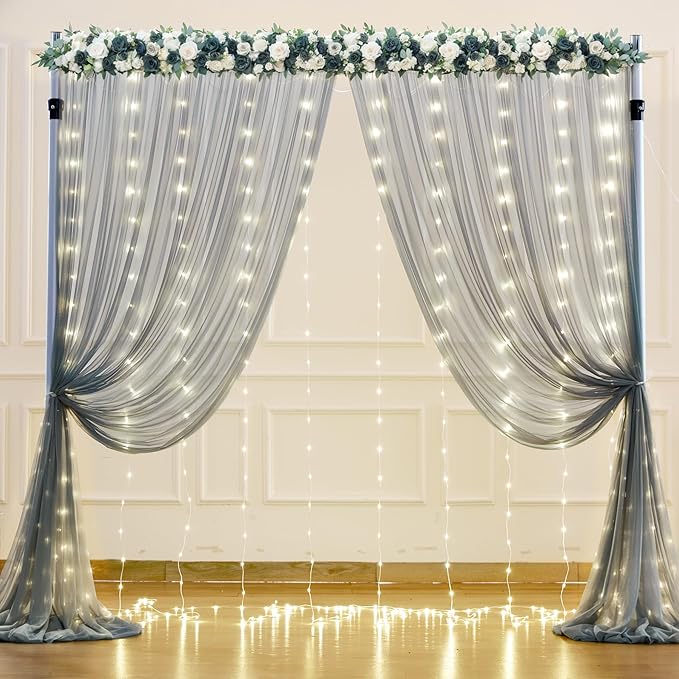Silver Grey Tulle Backdrop Curtain with Lights String for Parites 10x8ft Sheer Backdrop Curtains for Birthday Party Bridal Shower Baby Shower Wedding Ceremony Prom Photo Booth Background Decorations
