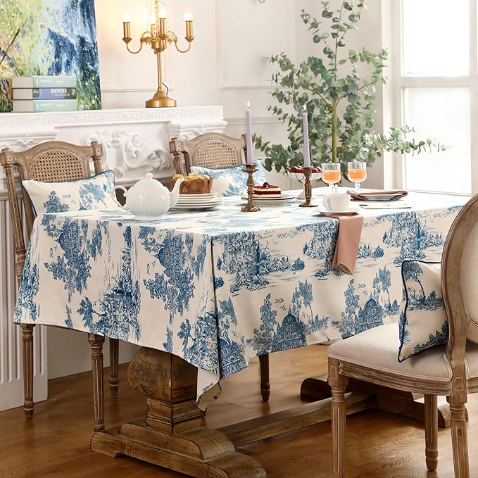 patdrea Designer Vintage Cyan Long Tablecloth for Rectangle Table,Linen Ancient Castle and Manor Pattern Tablecloths,Table Cover Decor for Kitchen Dining Christmas,Thanksgiving,63"x102"-Lucerne a