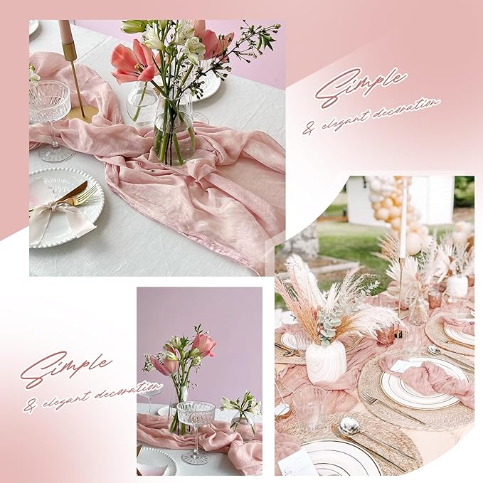 Aktor 4 Pack Dusty Pink Table Runner Boho Cheesecloth Table Runner Semi Sheer Gauze Fabric Runners for Wedding Birthday Baby Shower Party Boho Table Decoration（Dusty Pink）
