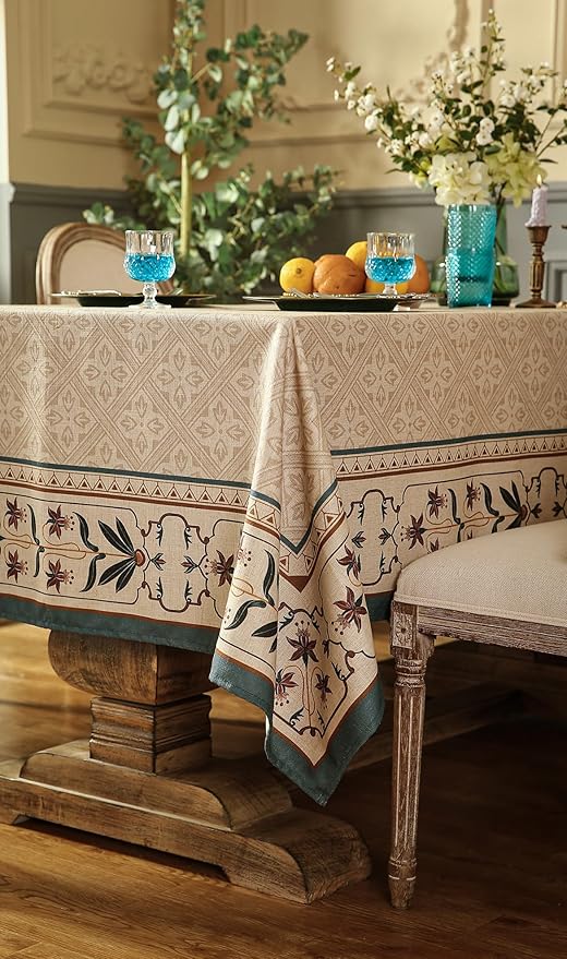 patdrea Designer French Rectangular Tablecloth,Beige Anti-Wrinkle Durable Floral Farmhouse Table Cloth,Decor Tables Covers for Kitchen Dining,Tea Party,Christmas,Thanksgiving,55"x87"-Fram