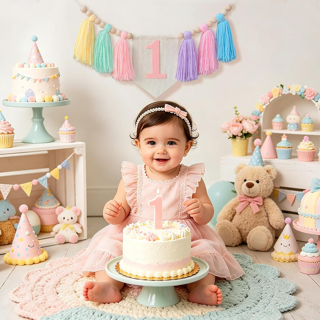 Pastel Macaron one high chair banner Handmade First Birthday High Chair Banner for 1st Baby Girls Fun To Be One Birthday Party Decorations Princess Photoshoot Props