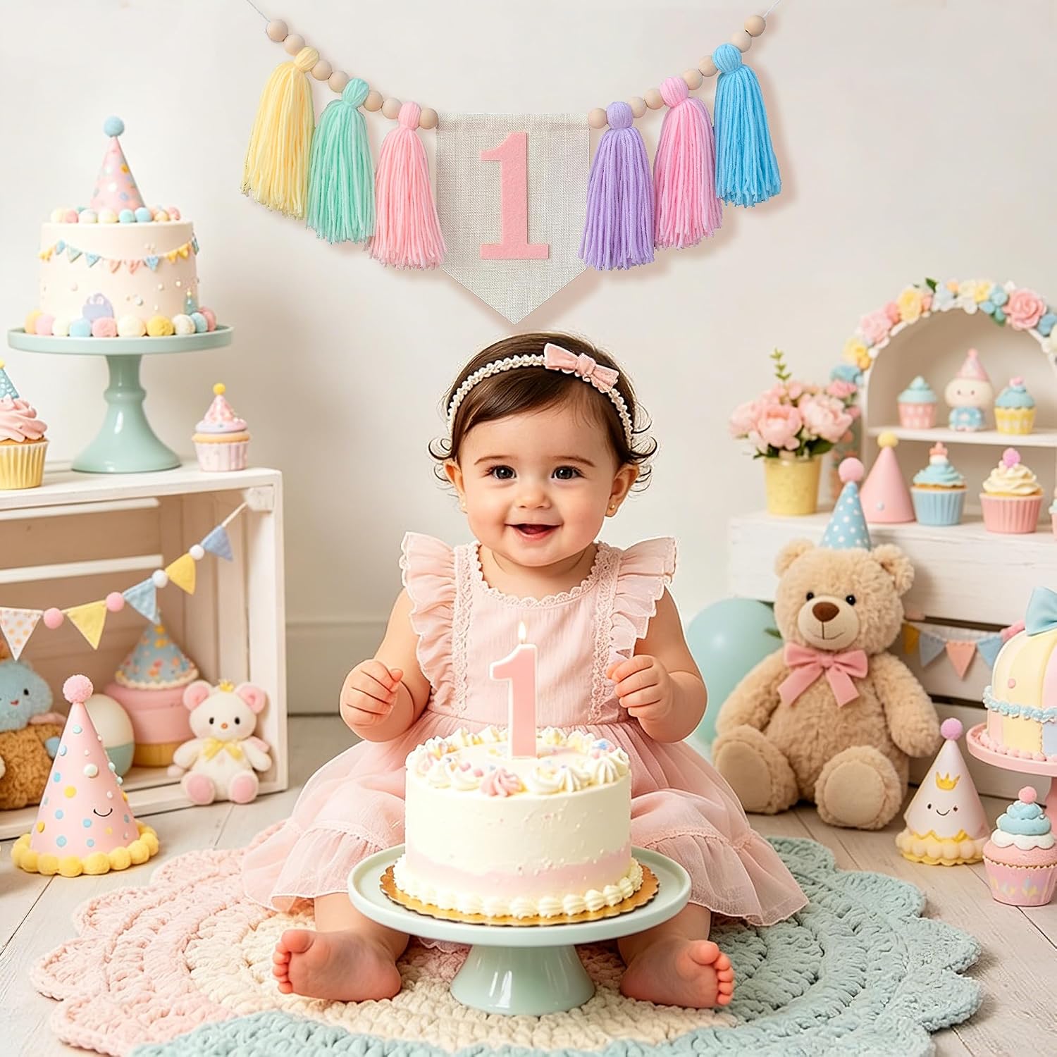 Pastel Macaron one high chair banner Handmade First Birthday High Chair Banner for 1st Baby Girls Fun To Be One Birthday Party Decorations Princess Photoshoot Props