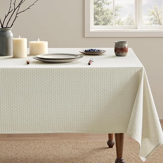 MIULEE Ivory Linen Cottton Table Cloth Rectangle Tablecloth Waterproof Spillproof Cross-Star Textured Table Cltoth Decorative Farmhouse Style for Dining Party Weddings 52x70 Inch