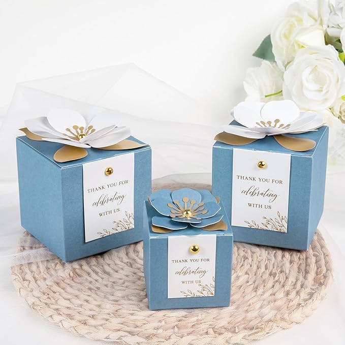 FEIYI 20 PCS Dusty Blue Gift Boxes, 3 In 1 Favor Boxes with Floral Decor, White Thank You Tags Cupcake Containers Gift wrapping for Wedding, Baby Shower, Birthday, Decorations Party - 3.55x3.55x3.55