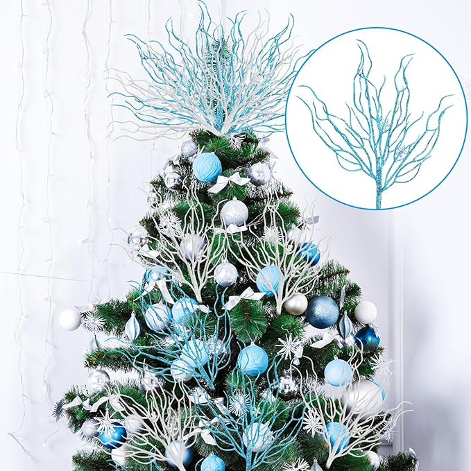 8 Pcs Blue White Coastal Ornaments for Christmas Tree 15.7inch Glitter Coral Beach Ocean Spray Pick Branch Christmas Tree Topper Decorations Filler Twigs for Xmas Vase Wreaths Gift
