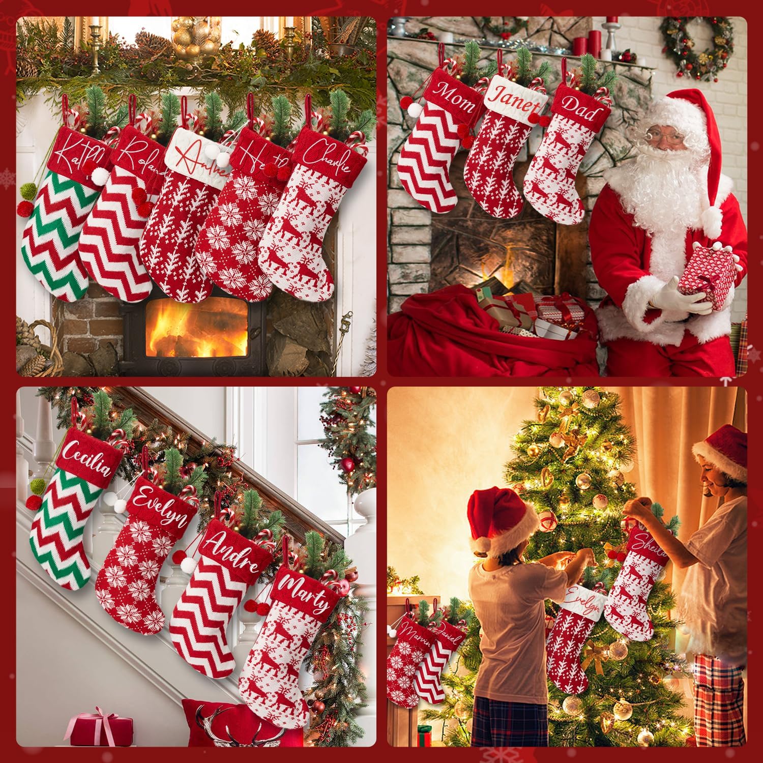 Christmas Stocking With Pom Pom,18” Large Cable Knitted Stocking,Family Christmas Stocking For Kids,Xmas Holiday and Family Stocking For Fireplace,Christmas Holiday Party Decor(Reindeer, 5pcs)