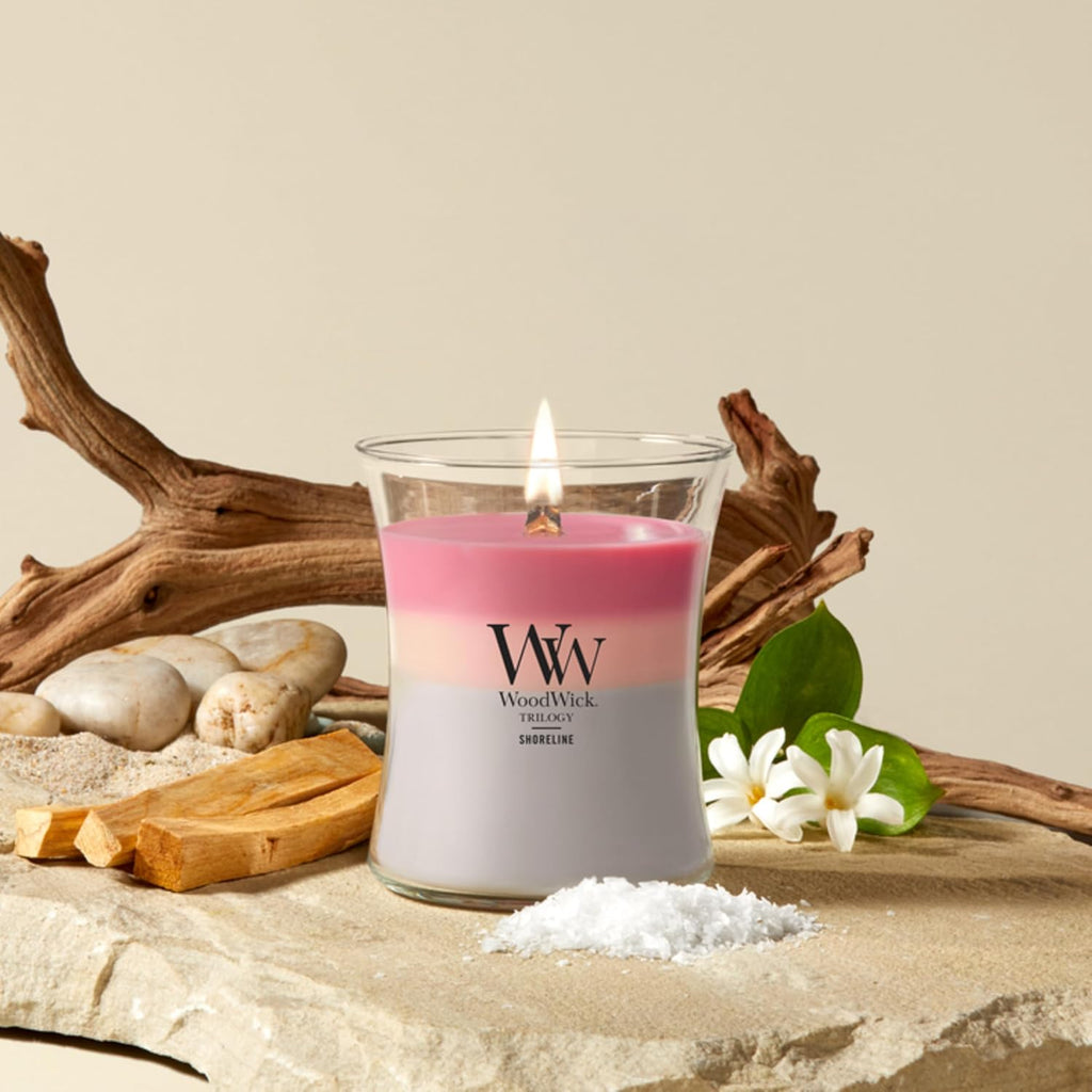 WoodWick Shoreline Trilogy Gifts for Women and Men, 9.7 oz Medium Hourglass Trilogy Candle with Crackling Wick
