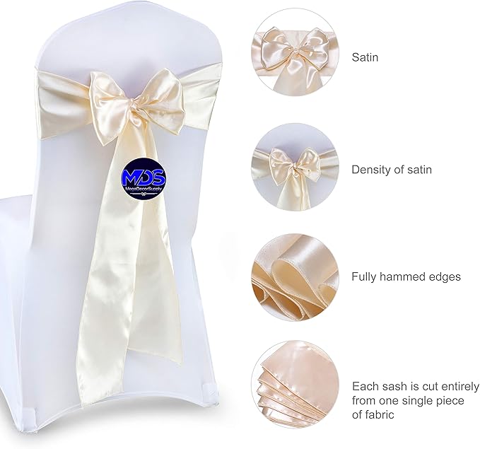 MDS Pack of 50 PCS Satin Chair Sashes Charmeuse Sateen Dining Chair Bows Ribbon Ties Back Sash for Wedding Party Birthday Home Hotel Restaurant Banquet Decoration (7 x 108 Inch, Cream)