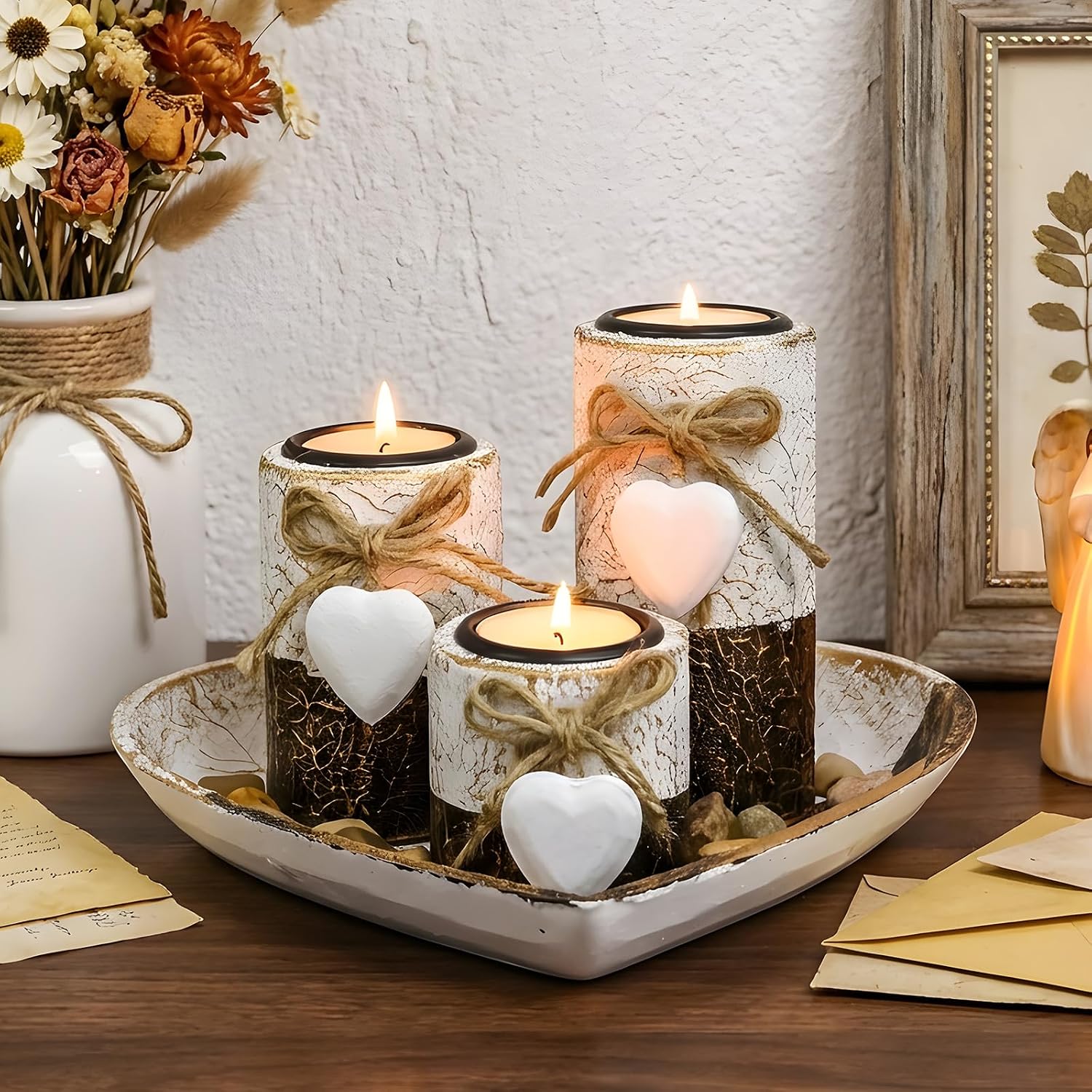 Farmhouse Candle Holders 3 Pack Rustic Wooden Pillar Candle Holder with Heart Tray and Stones Tealight Candles Holders Farmhouse Centerpiece for Coffee Table Mothers Day Valentines Home Decor