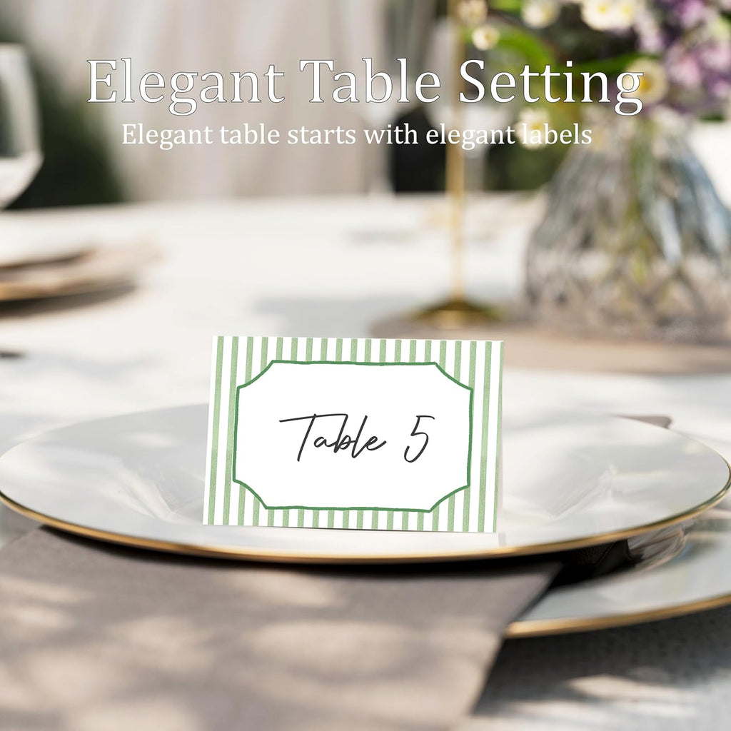 Elegant Green Striped Place Cards for Table Setting, 2 x 3.5" Escort Cards, 25 Watercolor Tent Cards Food Label for Dinner Party, Wedding, Bridal Shower, Baby Shower, Birthday Party Supplies