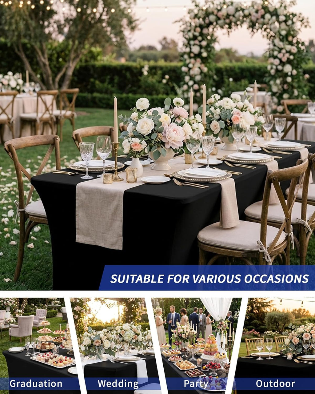 Fixwal Black Table Cloth 2 Pack 6FT for Rectangular Table Spandex Fitted Table Covers Washable Stretch for Soccer Party, Trade Show, Banquet, Wedding, Buffet