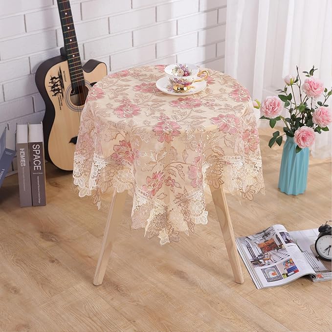 Round Embroidered Lace Tablecloth Vintage Decorative Exquisite Border Table Cover for Party Wedding Home Decorations, Round-70, Pink