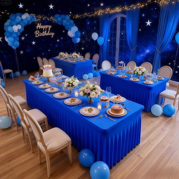 Wish Care 6 Pack Royal Blue Spandex Table Clothes for 6 Foot Rectangle Tables, 6FT Wrinkle Free Fitted Tablecloths Ruffles Design Table Cloth for Party, Banquet, Wedding and Events