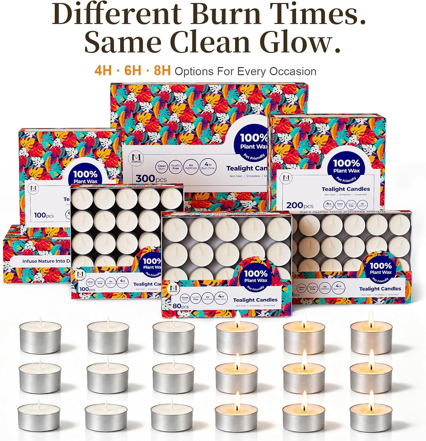 Tea Lights Candles 80 Pack, 4 Hour Palm Wax White Tealight Candle Bulk for Home, Natural Unscented Small Votive for Wax warmer, Smokeless and Dripless Tea Light for Wedding, Shabbat, Emergency
