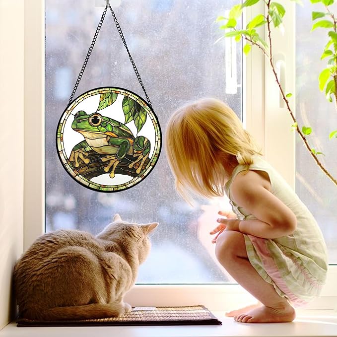 Stained Glass Window Hanging, Frog Green Leaf Sun Catchers Colorful Glass Panel Cool Suncatcher Decor for Birthday for Women, Men, Wife, Aunt, and Mom 7.8 in
