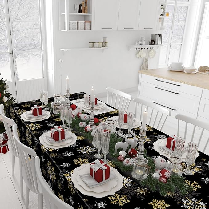 6Pcs Christmas Snowflake Party Tablecloths Decorations,Plastic Black and Gold Table Cloth,Winter Rectangle Table Cover for Christmas New Year Birthday Baby Shower Holiday Party Decorations,54x108 inch