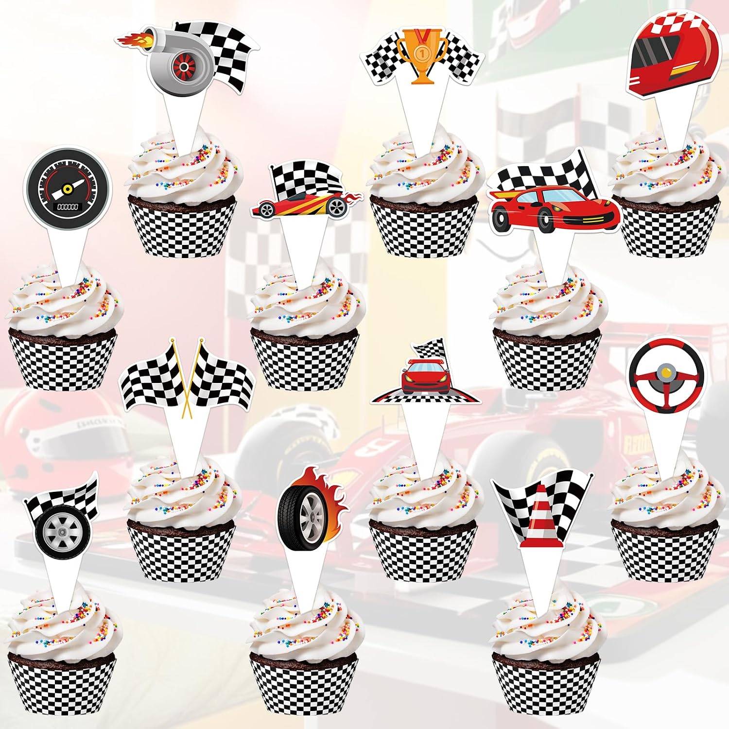 48 Pack Race Car Cupcake Toppers and Wrappers, Race Car Party Cake Decoration for Racing Checkered Theme Birthday Party Baby Shower Supplies
